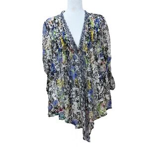 Elizabeth and James Floral Sheer Silk Pleated Medium Tunic Top Boho Ethereal